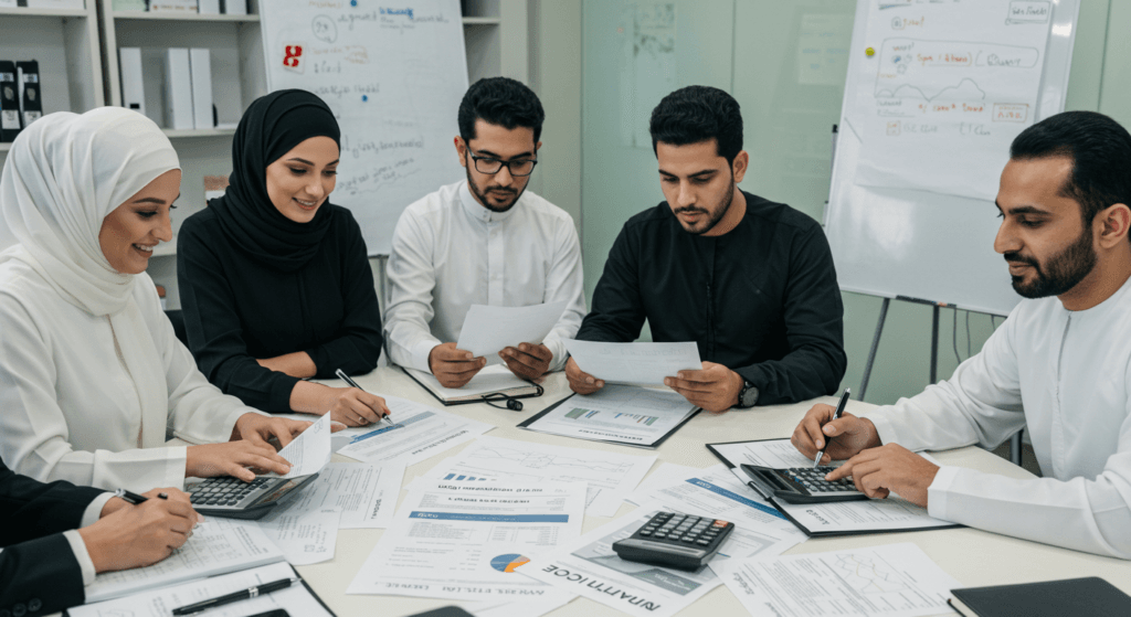 VAT course professionals in UAE discussing tax compliance, VAT registration, and financial documents in an educational setting