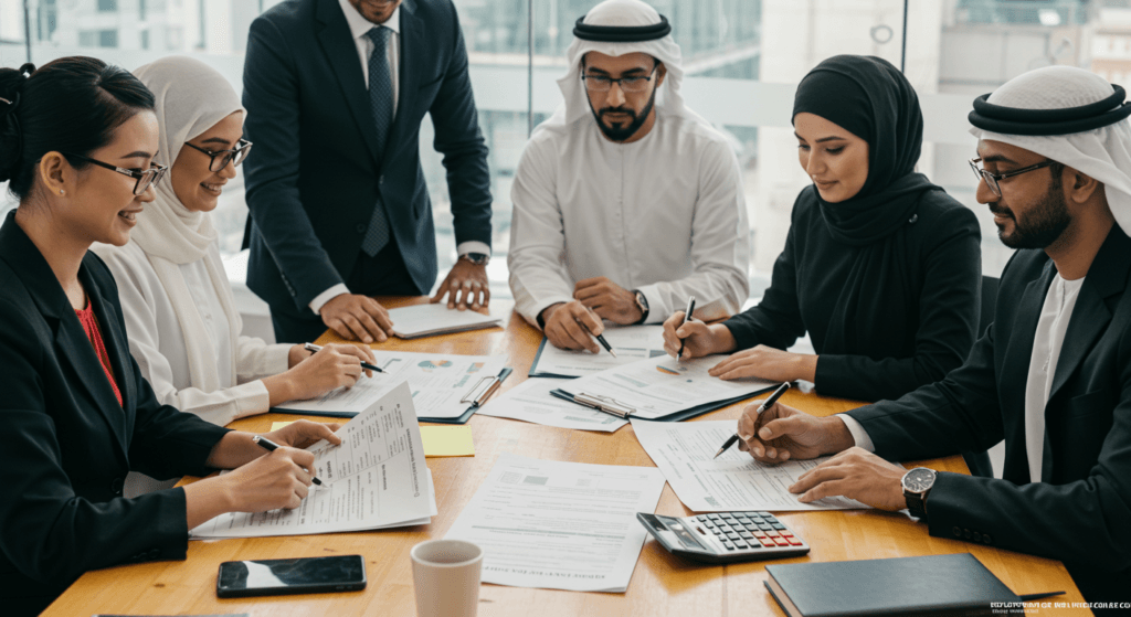 Professionals attending a UAE Corporate Tax training session, reviewing tax documents and compliance strategies