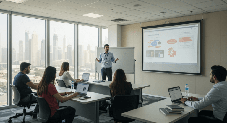 professional digital marketing training session in a modern high-rise classroom with a panoramic view of JLT, Dubai. The instructor stands confidently near a large screen displaying AI-driven marketing strategies, while engaged students take notes on their laptops. The setting emphasizes a dynamic learning environment with real-world applications of digital marketing.